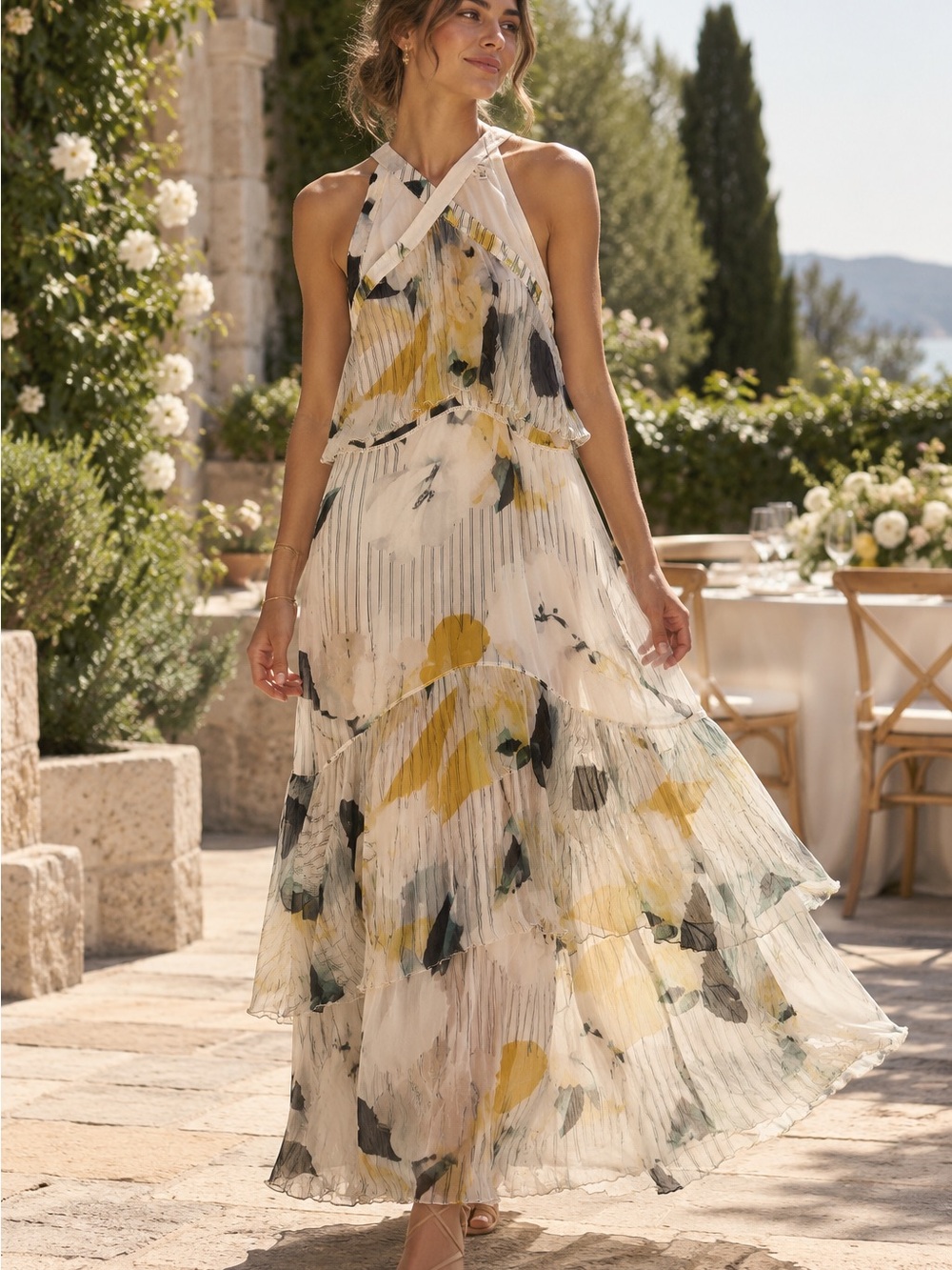Anthropologie Pleated Halter Floral Maxi Dress in Cream, Yellow and Green - 4